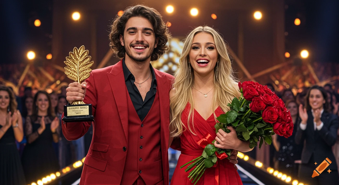 A man in a red suit with a golden trophy and a woman in a red dress with red roses celebrate on stage, audience applauding.