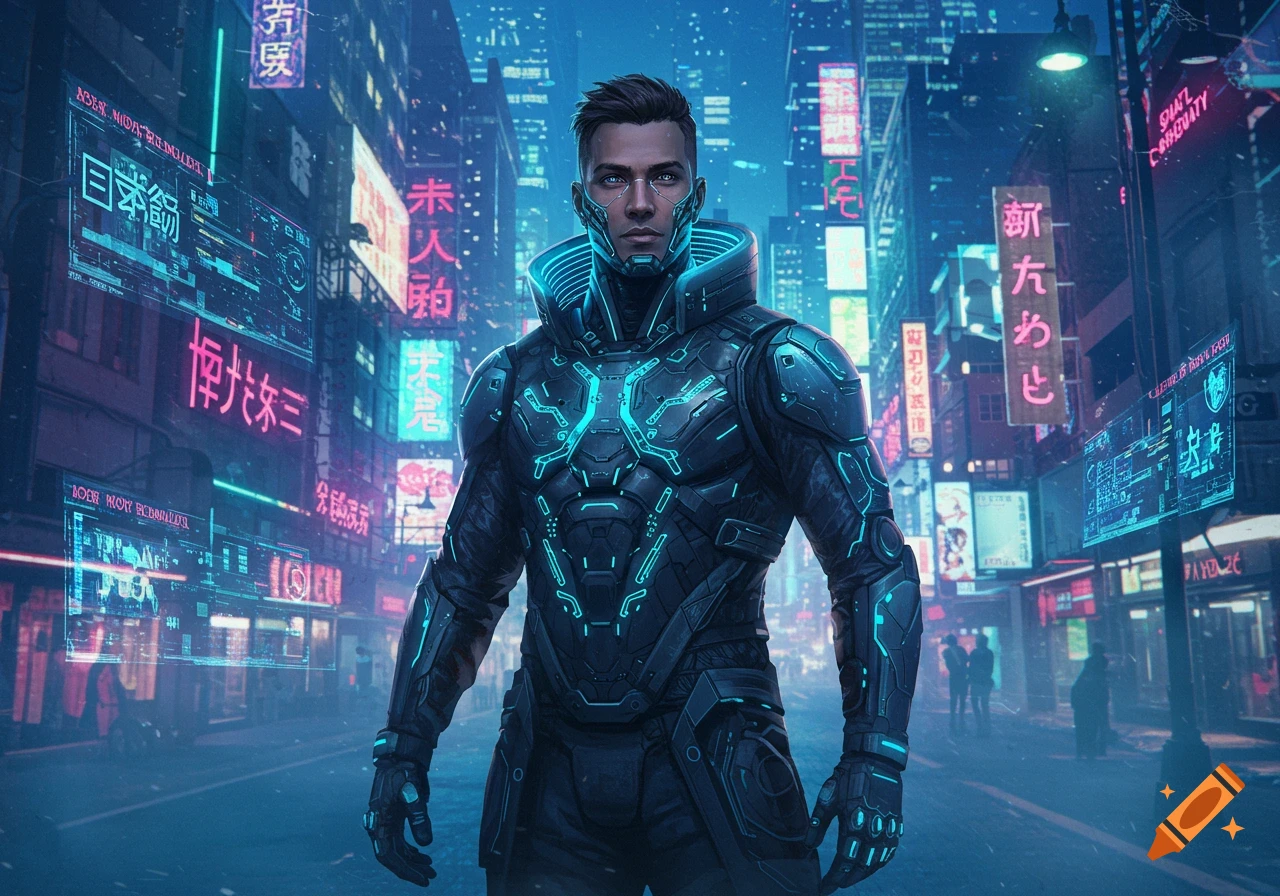 A man in dark, glowing blue futuristic armor stands in a neon-lit cyberpunk city street at night.