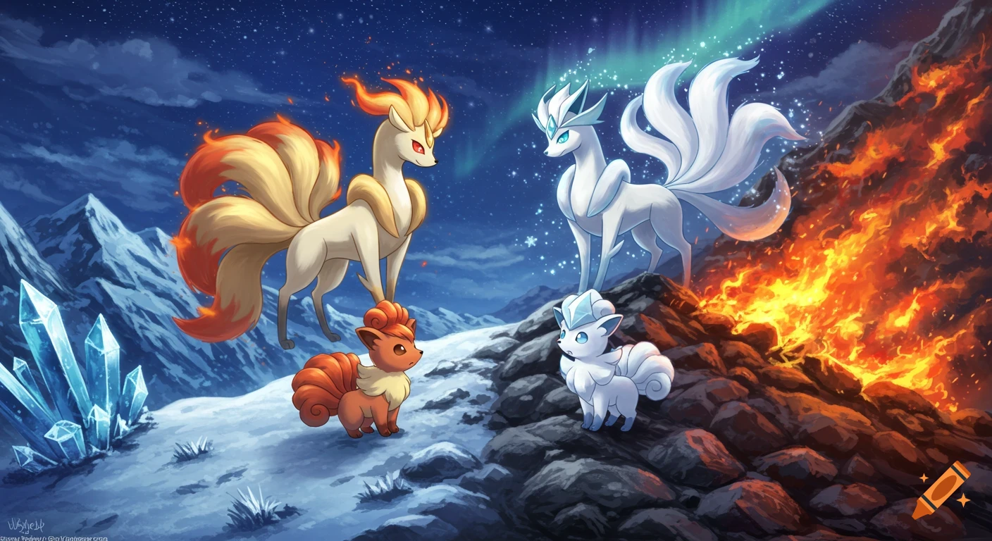Fire and ice Pok mons Vulpix and Ninetales in a split snowy and fiery landscape under a night sky, anime art.