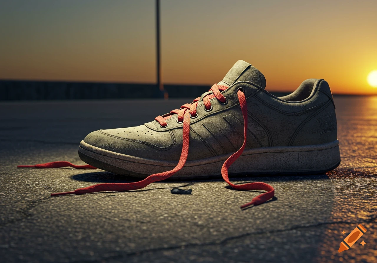 A close-up of a grey sneaker with untied red laces on asphalt at sunset.