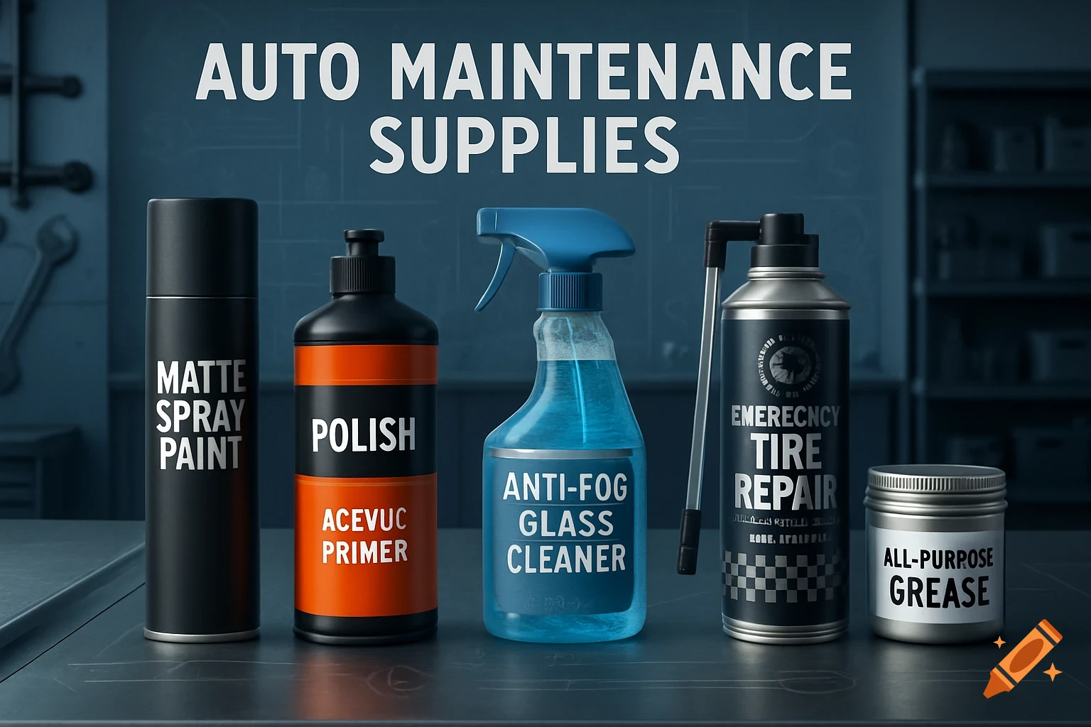 Various automotive maintenance supplies including spray paint, polish, glass cleaner, tire repair, and grease bottles on a dark counter in a workshop.