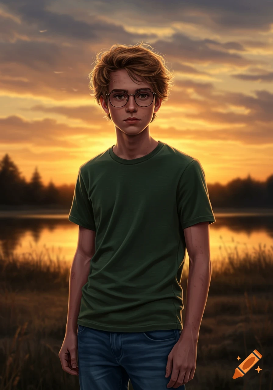 Digital illustration of a boy with messy blond hair and glasses, in a green t-shirt and jeans, by a lake at sunset.