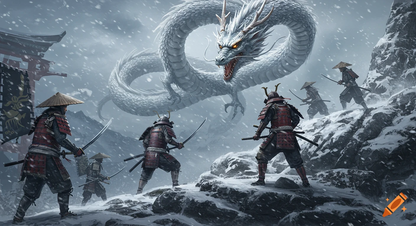 Detailed fantasy art of samurais battling a colossal white dragon amidst a snowy mountain blizzard.