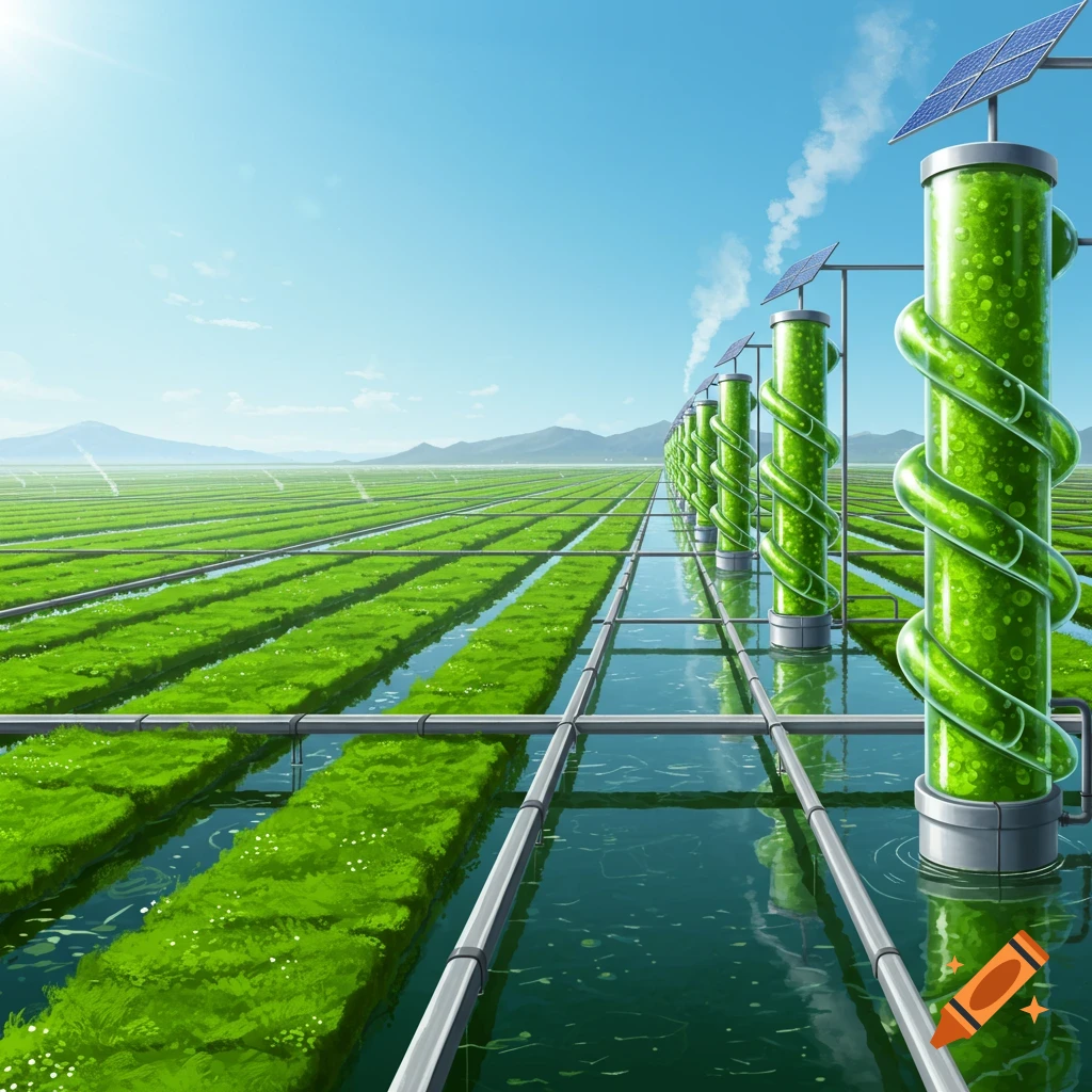A futuristic algae farm with green fields, water channels, and tall bioreactors topped with solar panels.