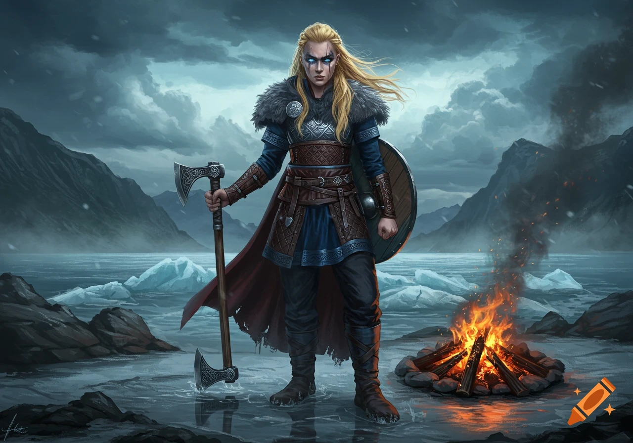 A powerful blonde female Viking warrior stands in a frozen, mountainous landscape, holding a double-bladed axe and shield, beside a campfire.