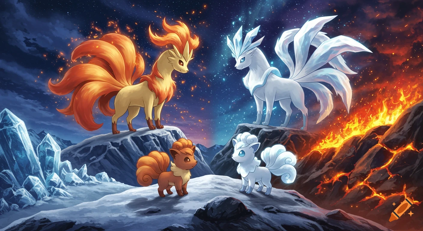 Fire and Ice Ninetales and Vulpix Pokémon stand on a divide between a fiery, volcanic landscape and a snowy, icy one in anime style.