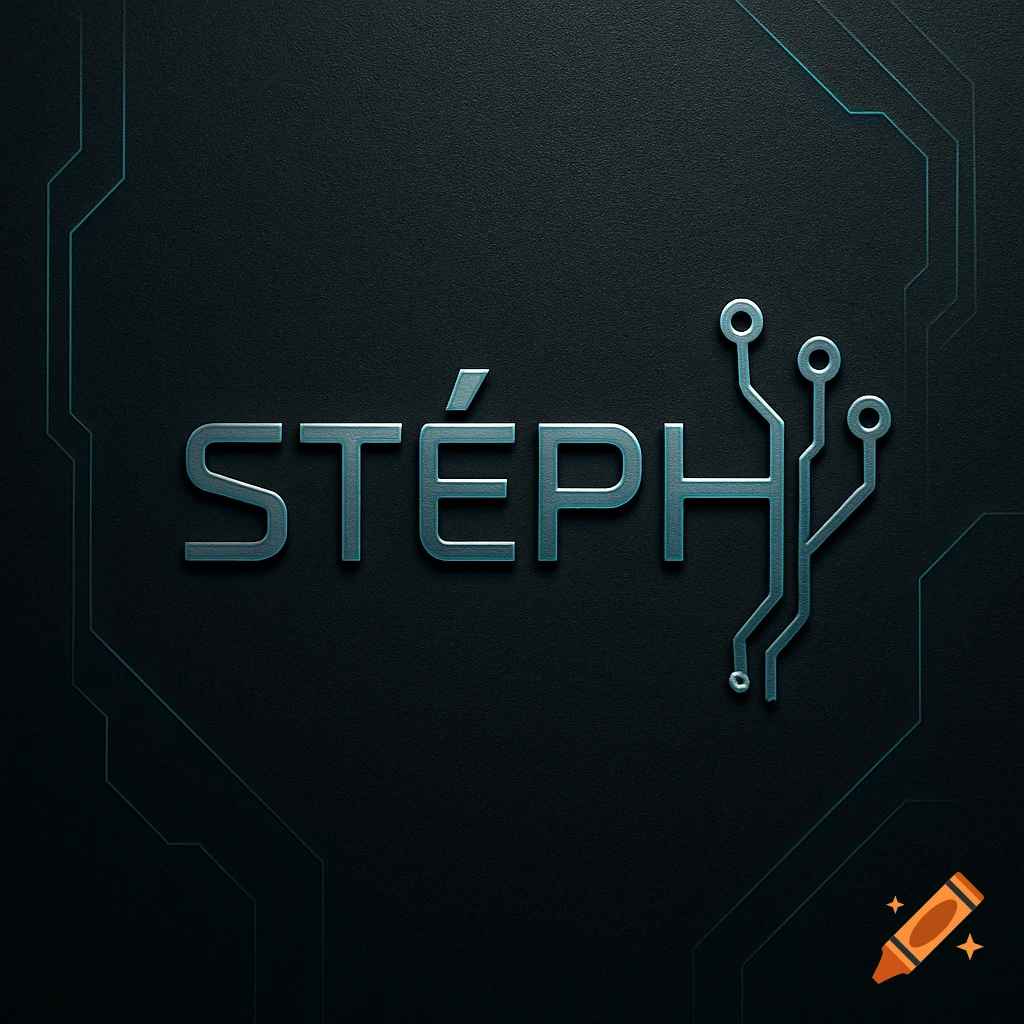 A metallic silver 3D logo spelling 'STÉPH' with circuit board elements replacing the 'H', on a dark textured background with glowing blue lines.
