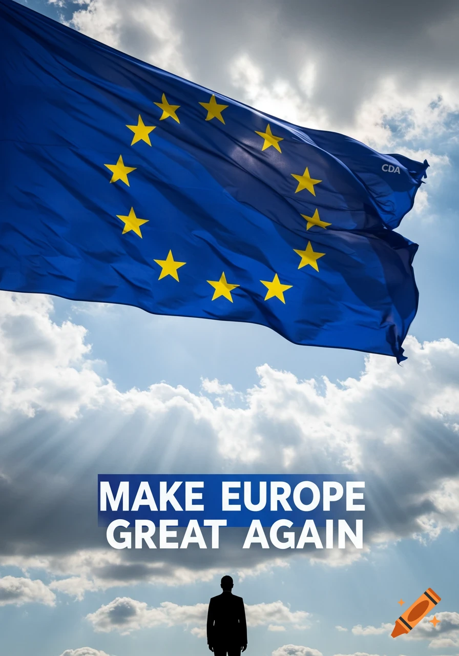 A man's silhouette looks up at a waving European Union flag against a cloudy sky with sun rays, above the slogan 'Make Europe Great Again'.