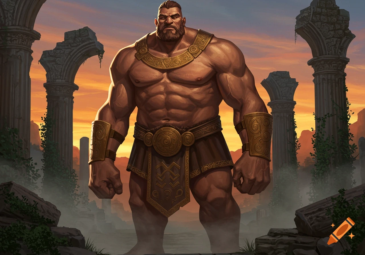 Massive muscular man in gold armor and kilt stands among ancient ruins against a vibrant sunset sky, digital painting.