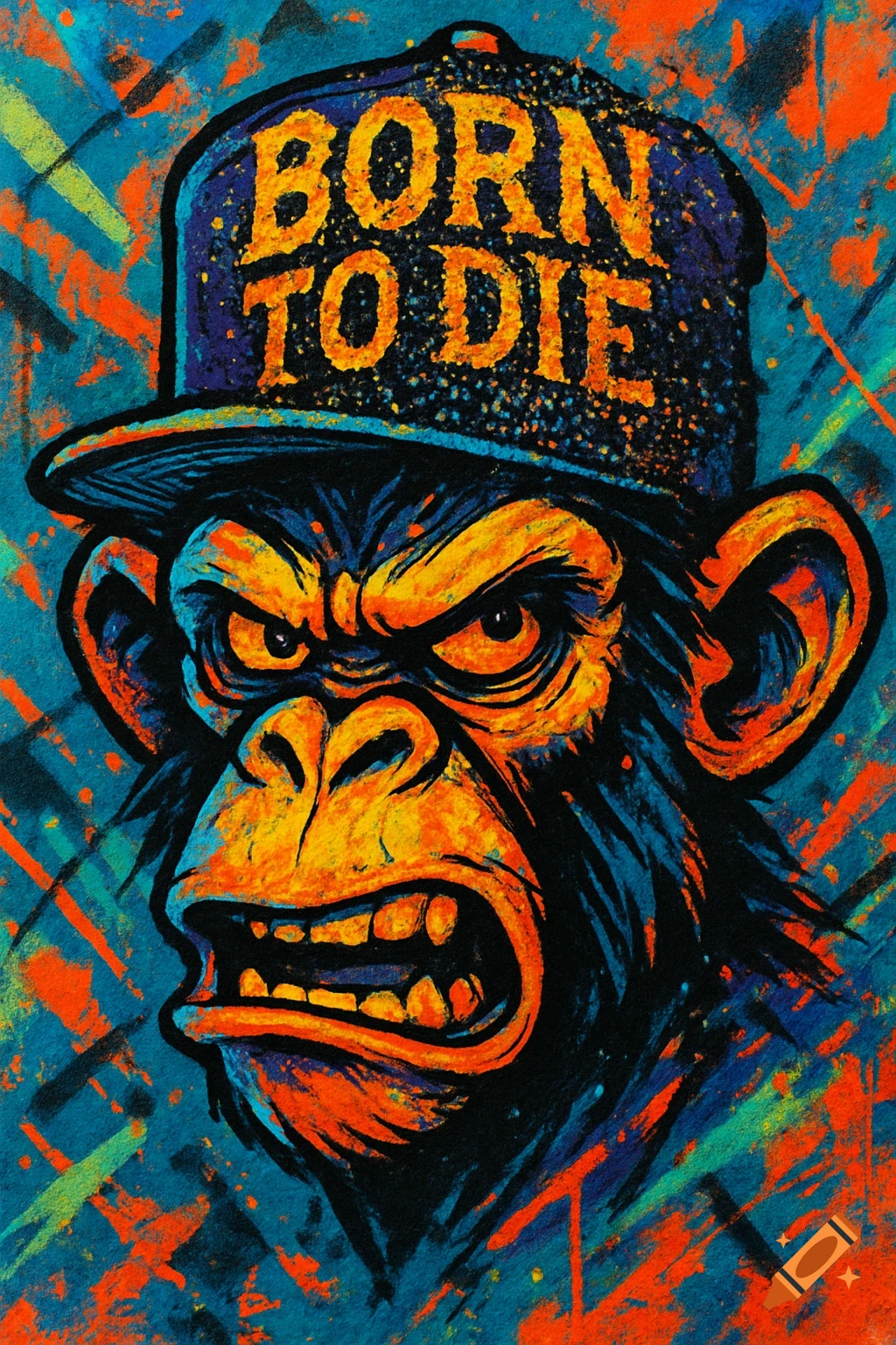 Vibrant street art of an aggressive monkey wearing a cap with 'BORN TO DIE' text, against a blue and orange background.