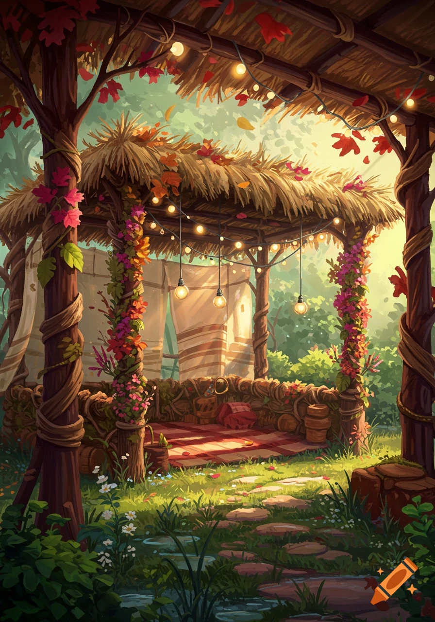 Cozy, rustic thatched-roof gazebo adorned with string lights and colorful flowers in a lush green garden setting.