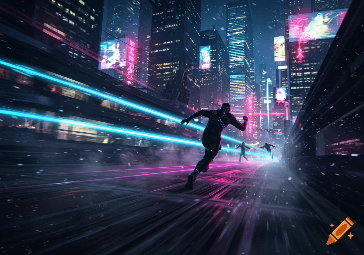 People running through a neon-lit cyberpunk city at night with motion blur.