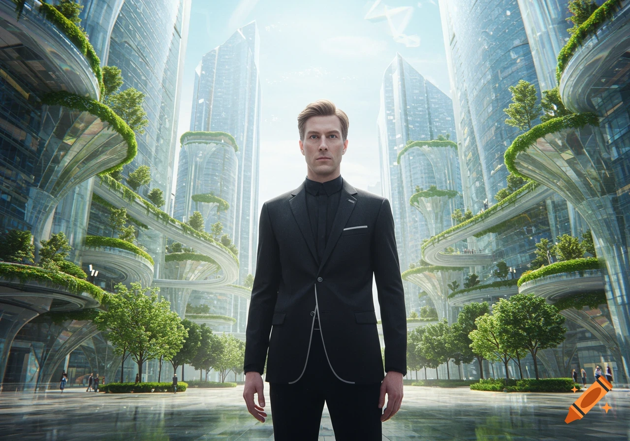 A man in a dark suit stands centrally in a photorealistic futuristic city with towering, green-integrated buildings.