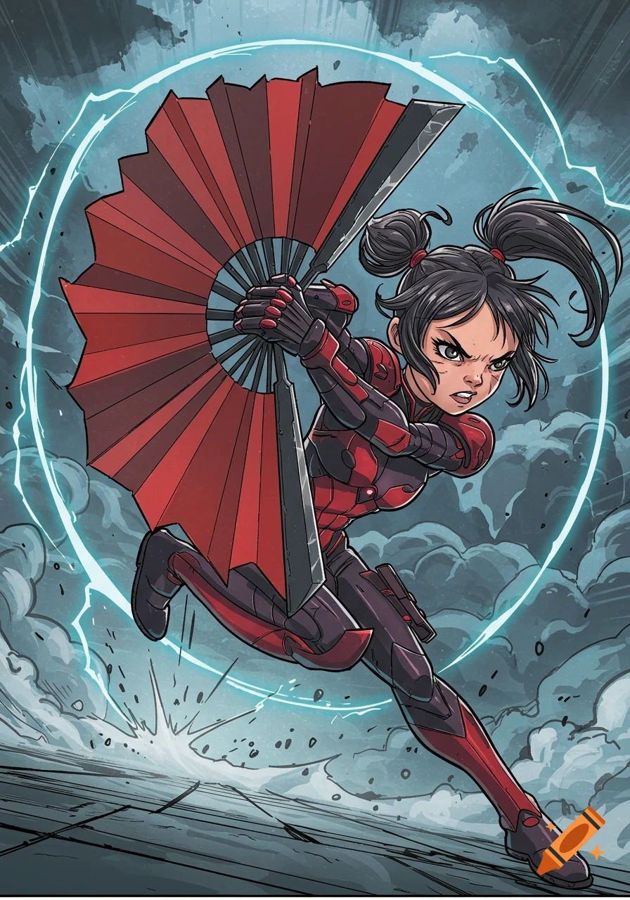 A comic-style girl in a red and black combat suit leaps, wielding a large fan weapon amidst blue energy and smoke.