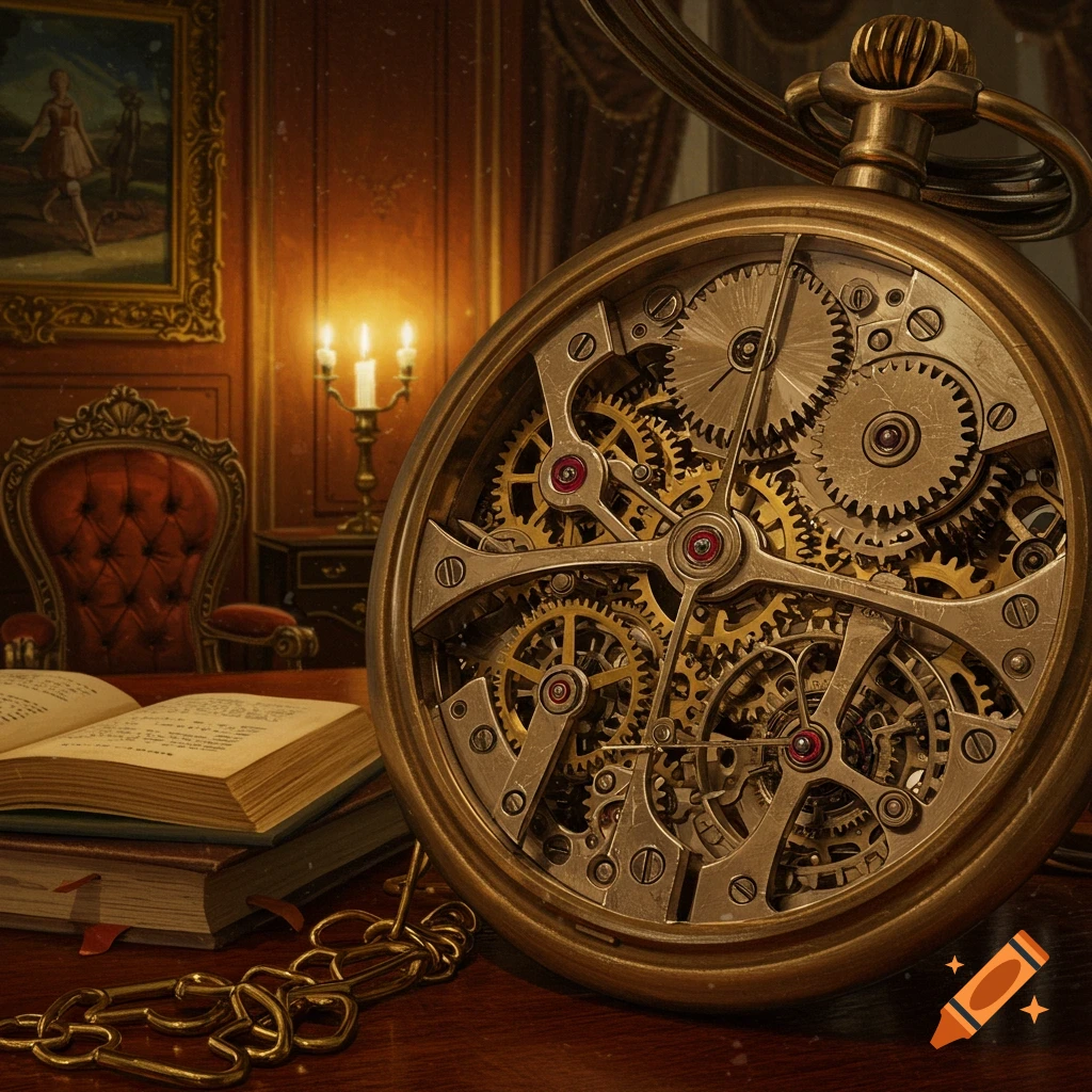 Detailed brass pocket watch with exposed gears on a wooden desk, next to open books and a red leather chair in a vintage room.