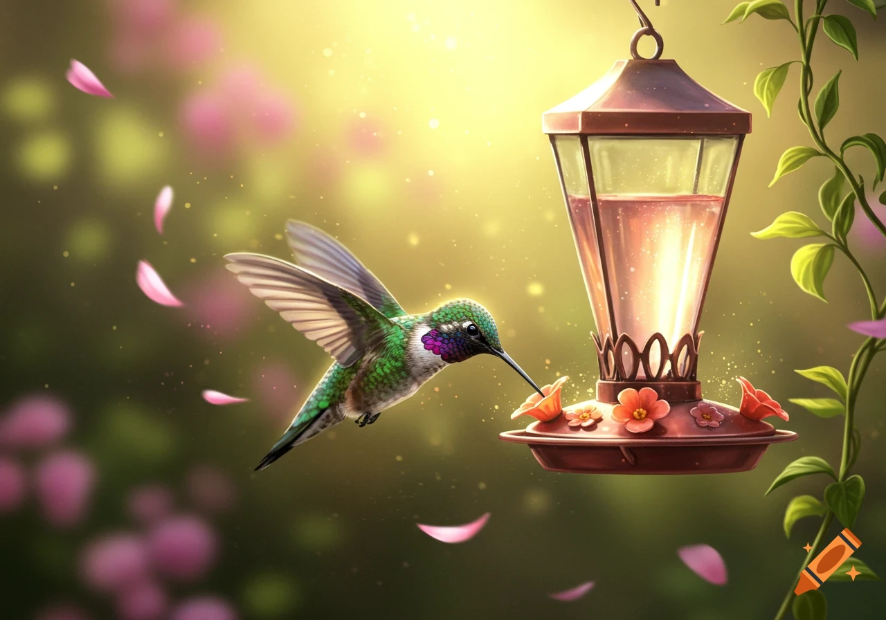 A vibrant hummingbird sips nectar from a hanging feeder in a sunny, flower-filled garden, with pink petals floating around.