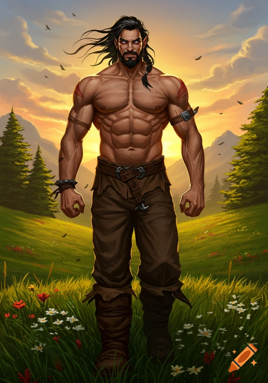 A muscular, shirtless fantasy warrior with long dark hair, facial tattoos, and a beard, stands in a vibrant green field at sunset.