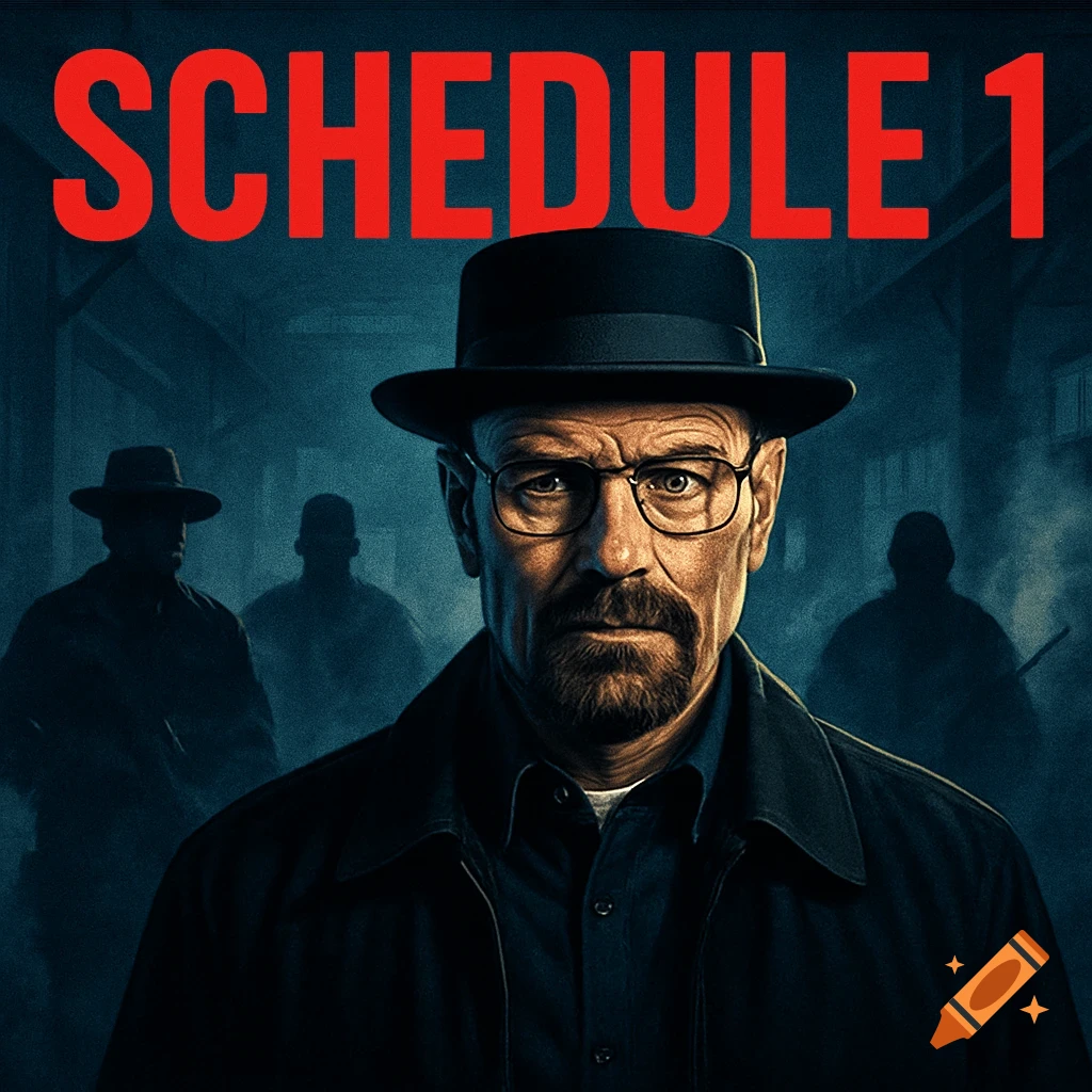 A stern man resembling Walter White from Breaking Bad in a fedora, glasses, and beard, with red text 'SCHEDULE 1' above him and two shadowy figures behind.