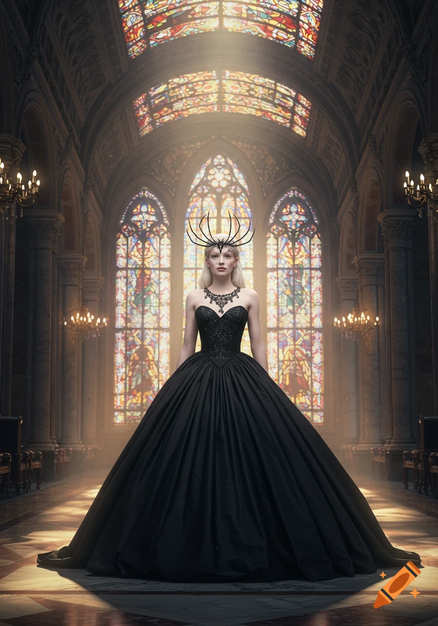 Platinum blonde woman in a black ballgown and spider diadem stands in a gothic cathedral with stained glass windows.