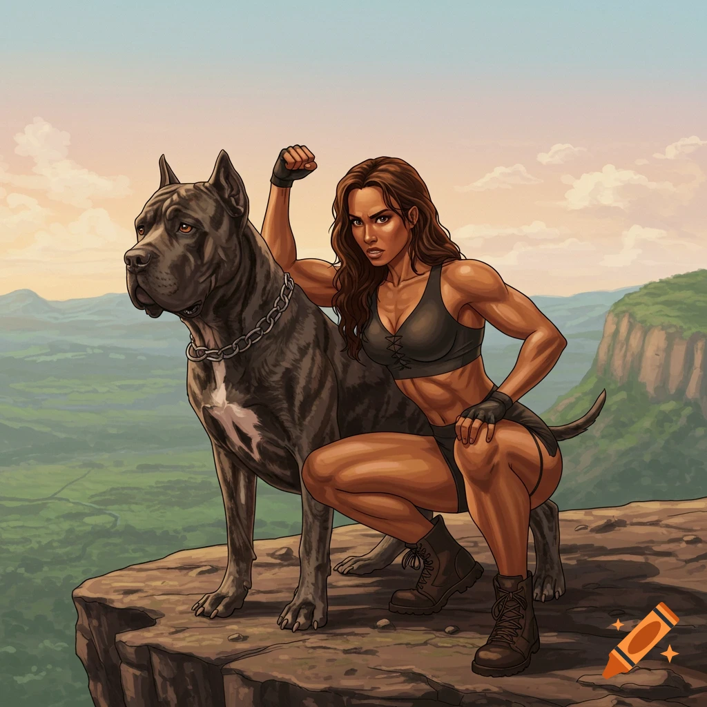 Muscular woman and a large Presa Canario dog pose on a cliff overlooking a vast landscape in an illustration style.