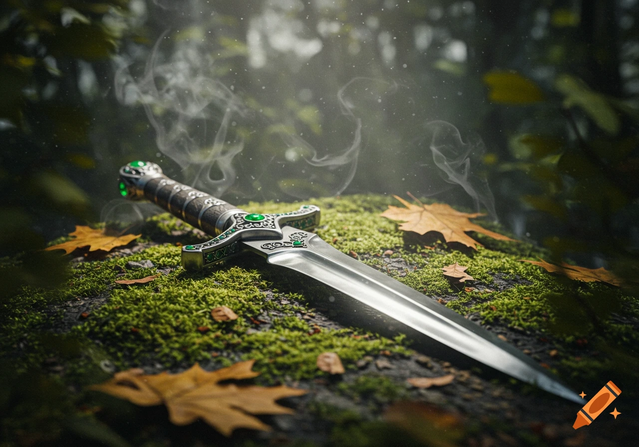 Ornate silver dagger with green gems and an intricate handle lying on a mossy forest floor with autumn leaves and ethereal mist.