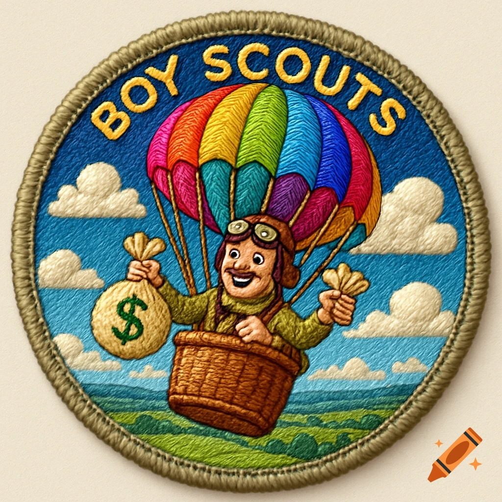 Embroidered Boy Scouts badge with a man in a colorful hot air balloon holding a money bag and a gold nugget over a green landscape.