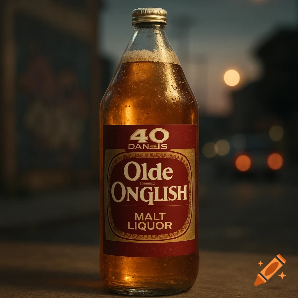 Photorealistic close-up of a frosty Olde Onglish 40 ounce malt liquor bottle with a red and gold label, at dusk.