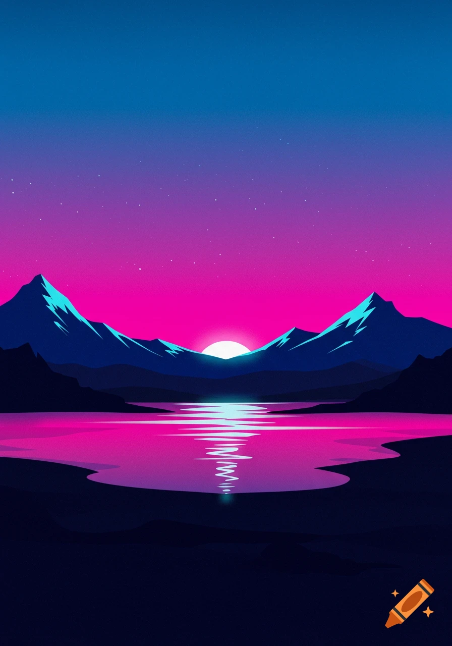 Minimalist mountain landscape at sunset with a lake reflecting the bright sun and vibrant neon pink, purple, and blue sky.