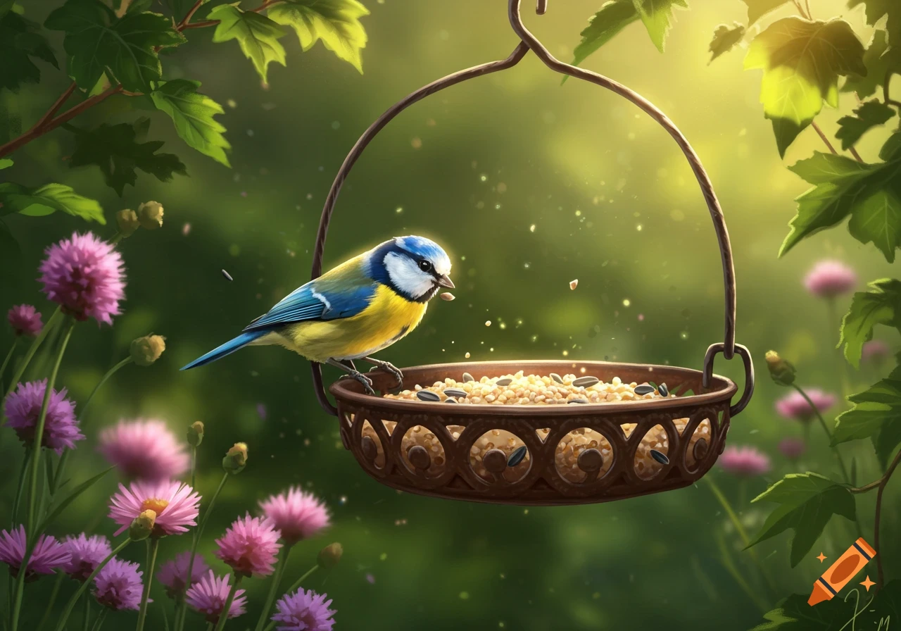 A vibrant blue and yellow bird perches on a decorative hanging bird feeder filled with seeds, surrounded by pink flowers and lush green leaves in a sunlit garden.