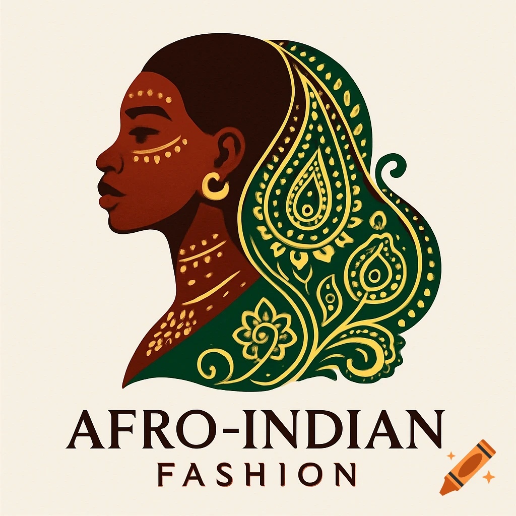 Stylized logo of an Afro-Indian woman's profile with a patterned green and gold head covering, text reads 'AFRO-INDIAN FASHION'.