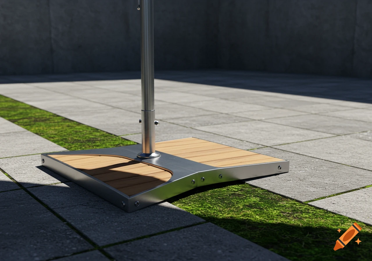 A modern parasol base with wood panels and a metal frame, sitting on a tiled patio with strips of green grass.