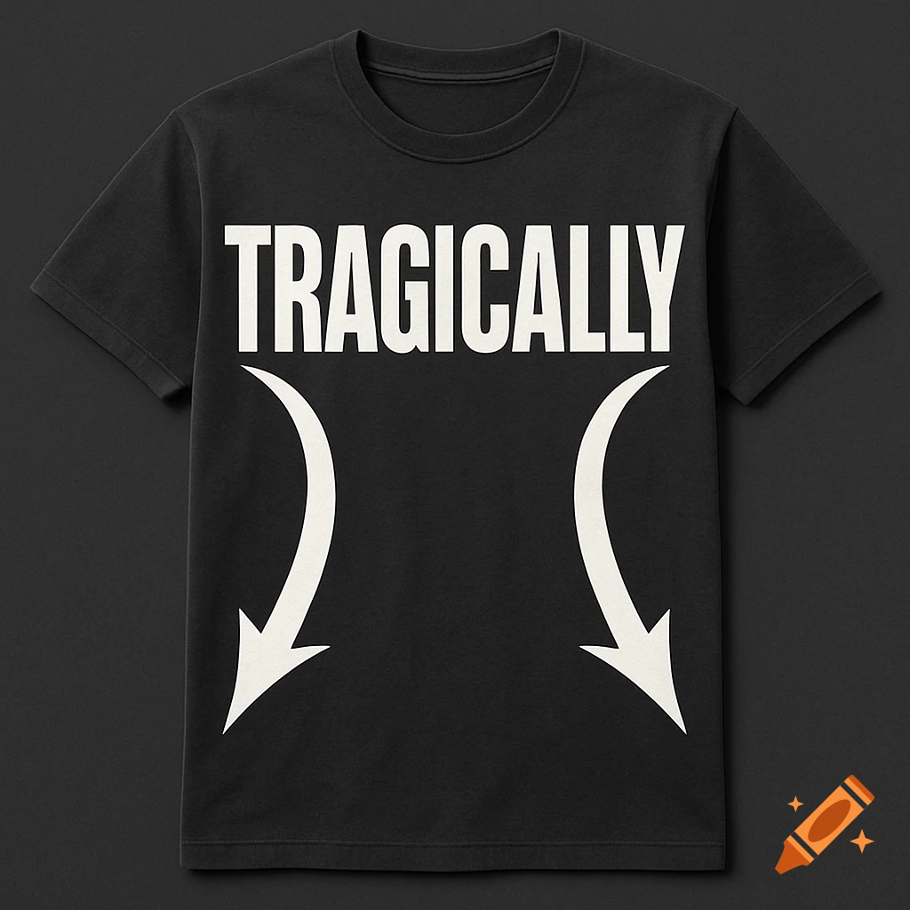 A black t-shirt with the word 'TRAGICALLY' in white capital letters and two white curved arrows pointing down towards the hips.