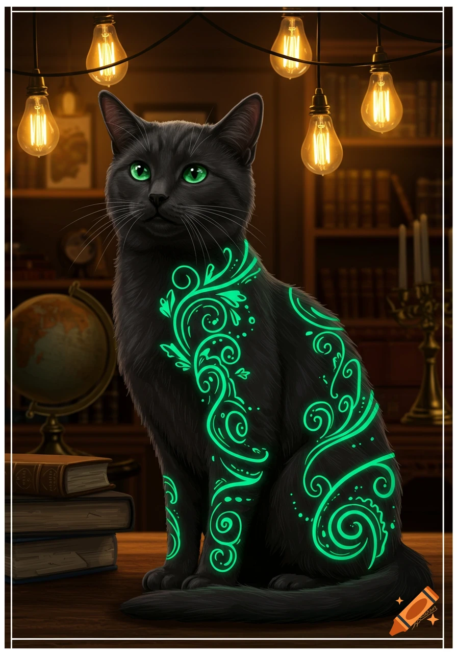 A black cat with glowing green patterns and bright green eyes sits in a cozy, dimly lit library under string lights.
