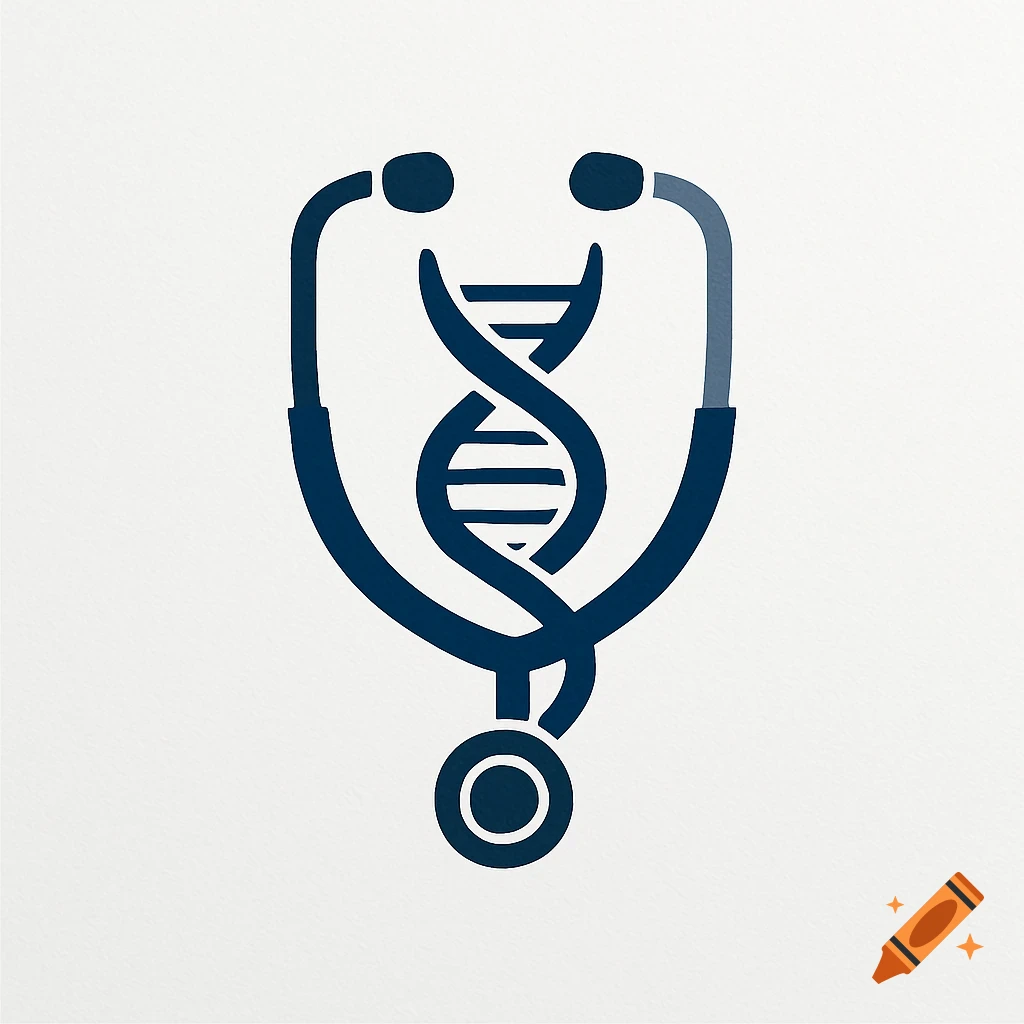 A dark blue logo featuring a stethoscope intertwined with a DNA helix on a white background.