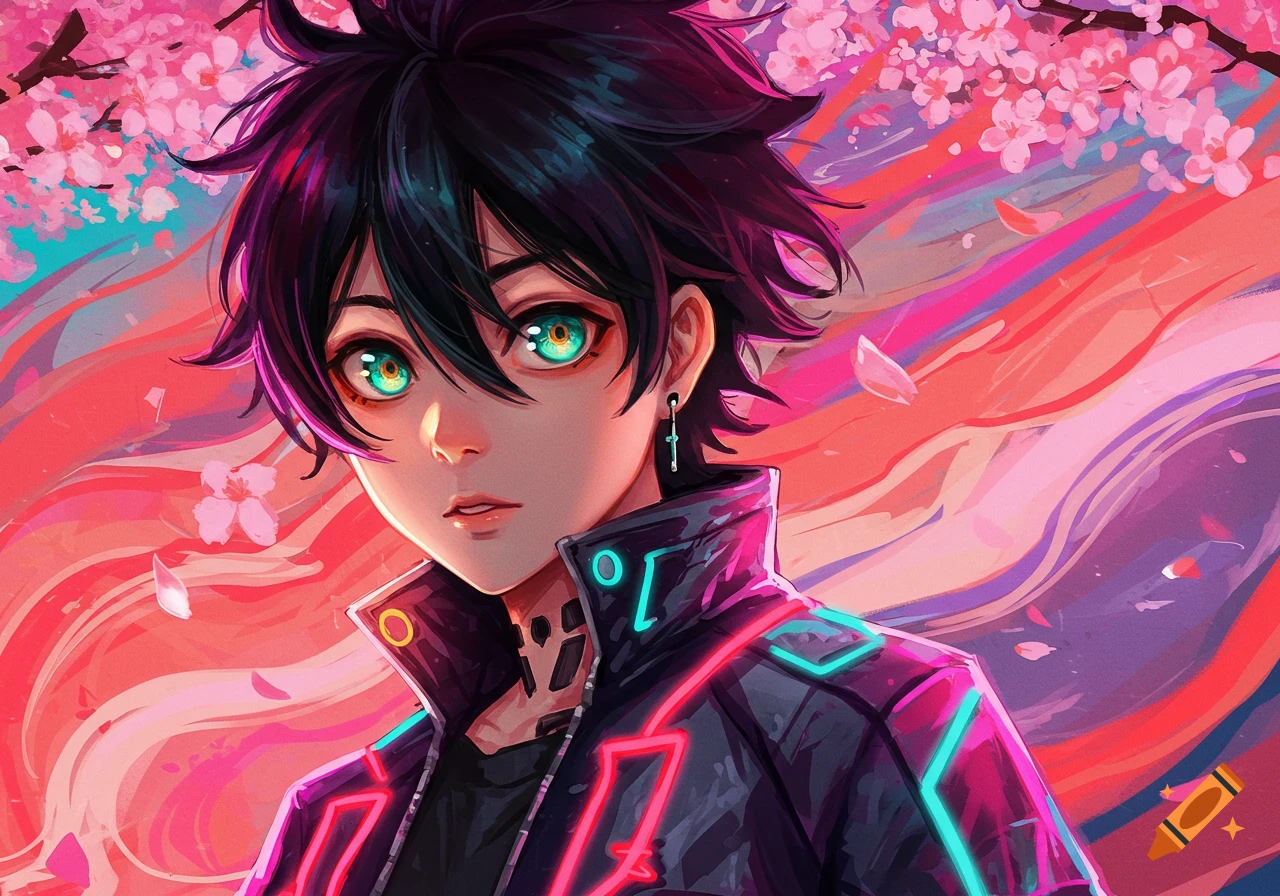 Anime teenage boy with spiky black hair and green eyes, wearing a neon-accented jacket, surrounded by pink cherry blossoms and colorful swirls.