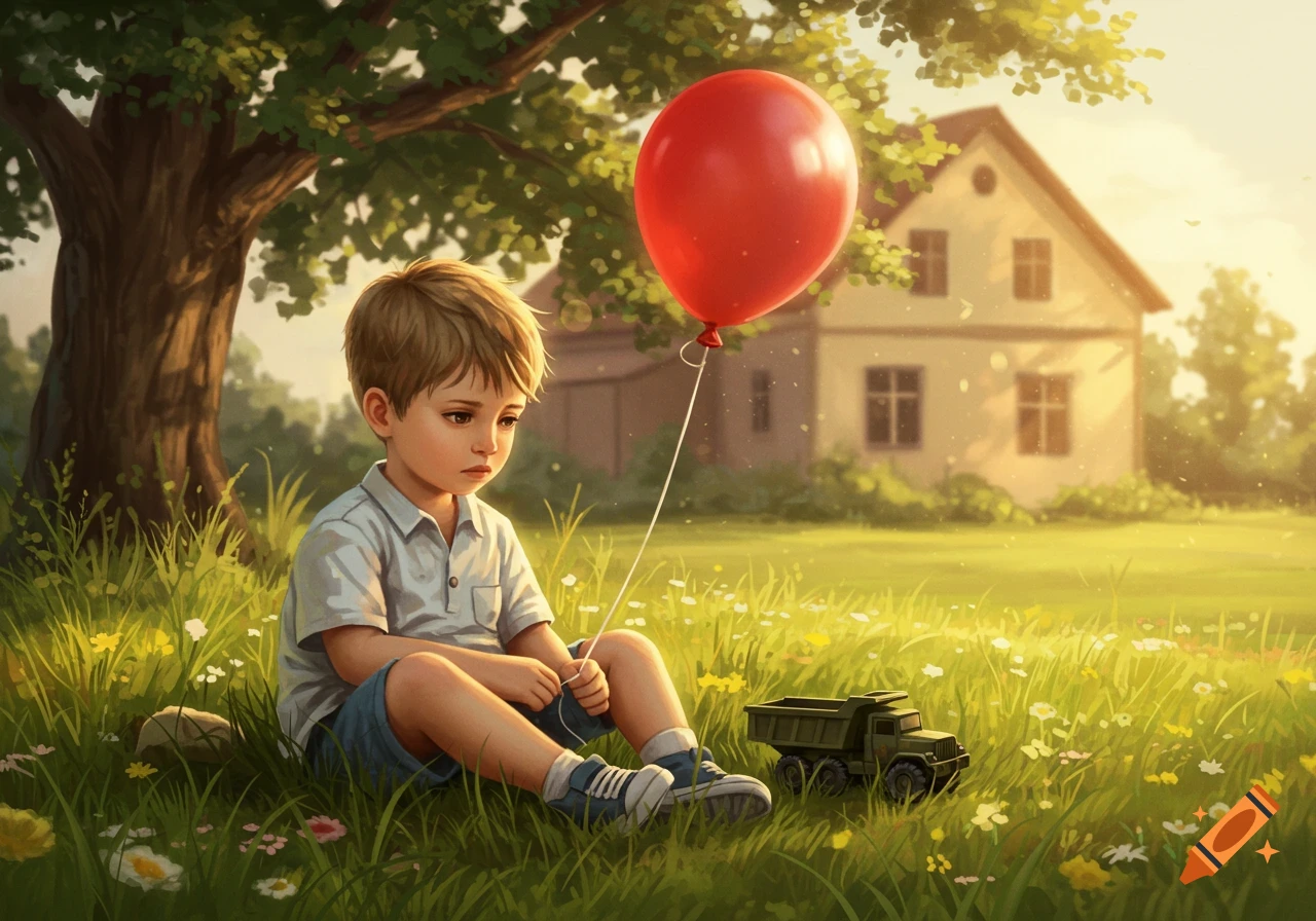 A sad boy sits in green grass with a red balloon and a toy truck, a house and tree behind him, in a painterly style.
