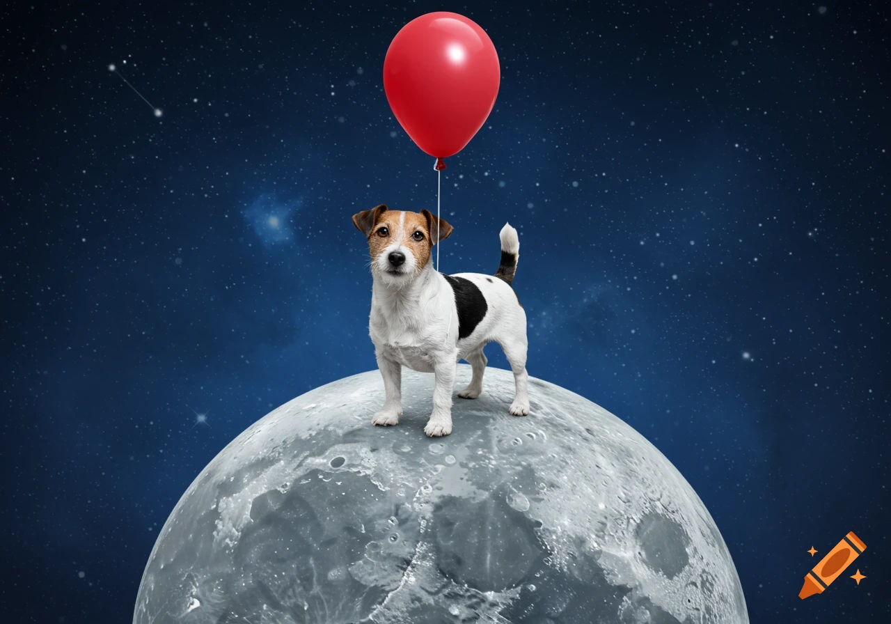 A Jack Russell dog stands on a small moon in space, with a red balloon floating above its head, tied by a string.