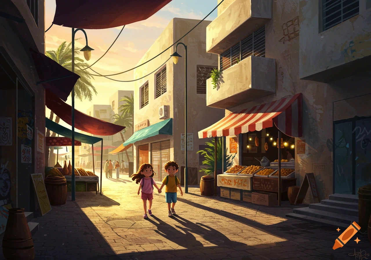 Two children holding hands walk down a sunny, bustling street market with traditional buildings in an illustration style.