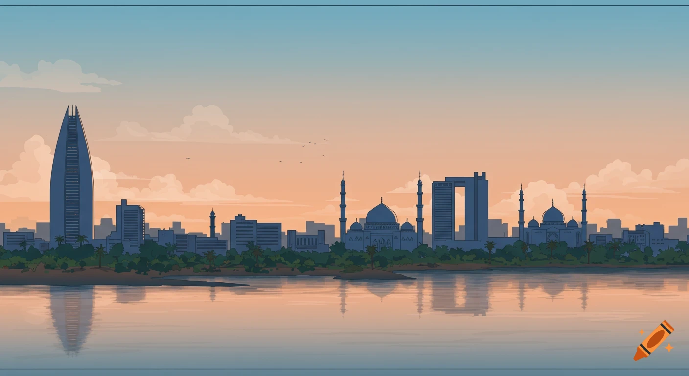 Illustrative Khartoum cityscape at sunset, featuring a tall skyscraper and mosque reflected in the water.