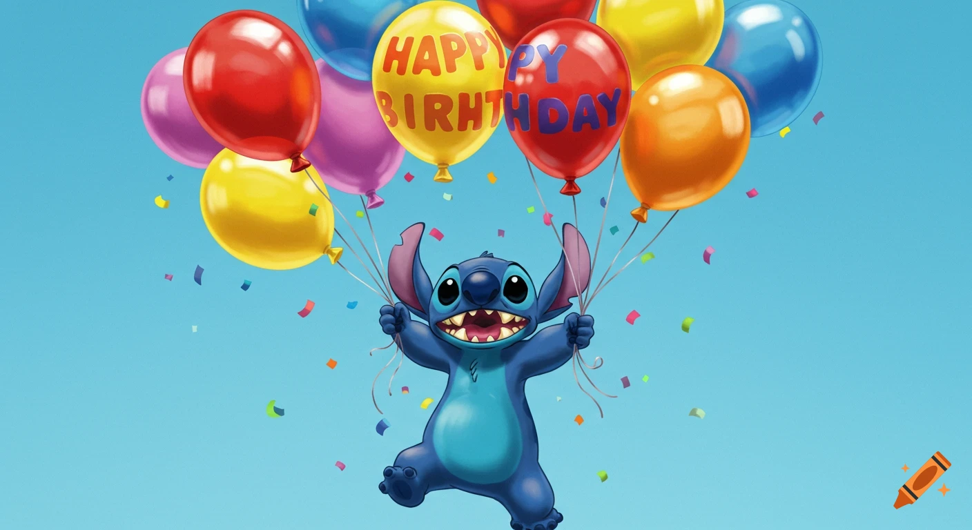Stitch flying with colorful balloons saying 'HAPPY BIRTHDAY' against a blue sky with confetti.