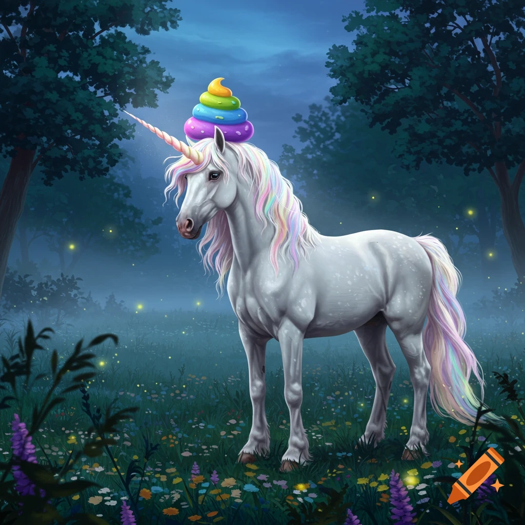 White unicorn with a rainbow poop emoji on its head in a magical, misty forest with fireflies and colorful flowers. Fantasy art.