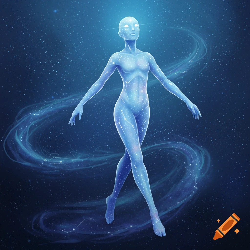 A glowing blue humanoid figure made of stars and constellations, with bright eyes, stands in a dark blue starry space.