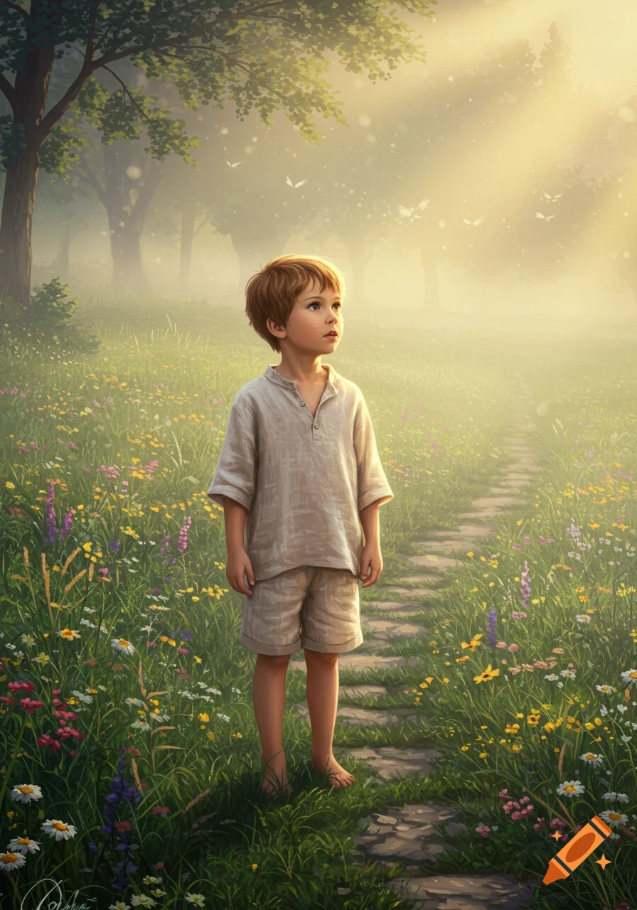 A young boy stands barefoot on a stone path in a sun-drenched meadow filled with wildflowers and trees.