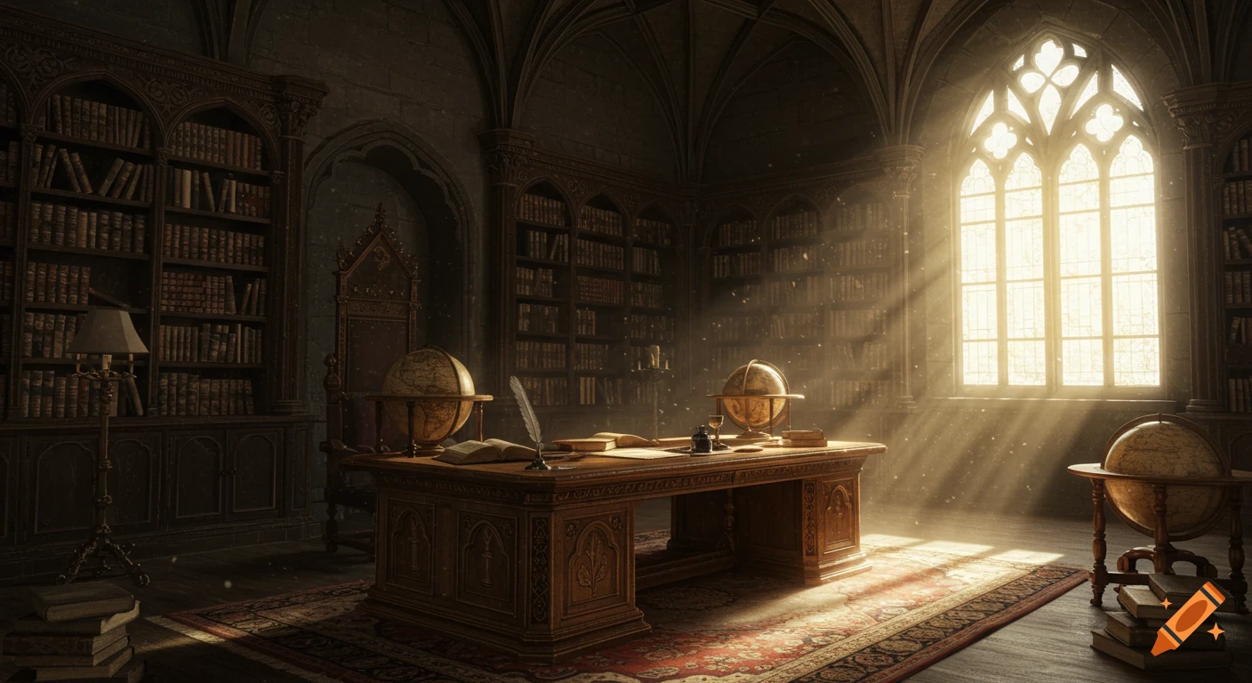 Grand medieval library with tall bookshelves, a large wooden desk, globes, and sunlight streaming through a Gothic window.