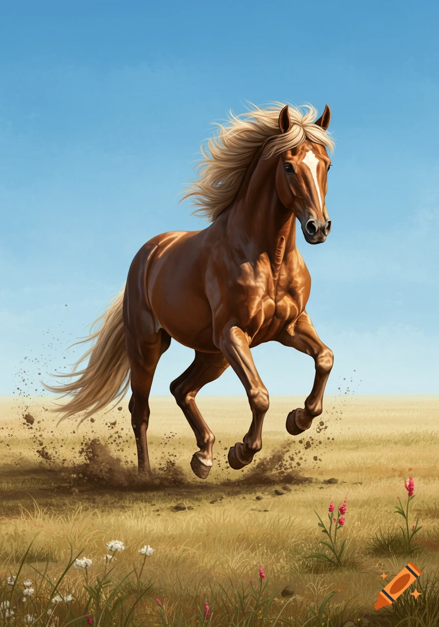 A powerful brown horse with a blonde mane and tail gallops through a grassy field, kicking up dirt under a clear blue sky.