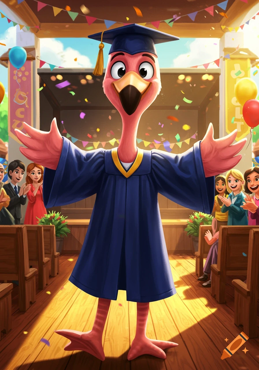 A cheerful cartoon flamingo in a blue graduation cap and gown stands with outstretched wings on a stage, surrounded by falling confetti, balloons, and an applauding audience in a brightly lit hall.