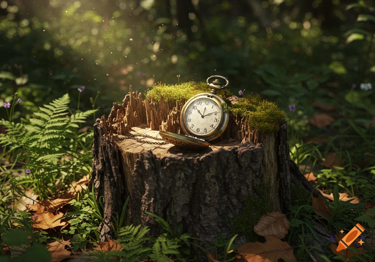 An antique pocket watch rests on a mossy tree stump in a sun-dappled forest, photorealistic style.