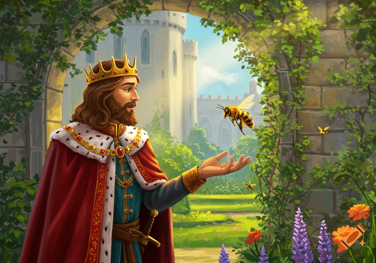 A richly robed king with a crown and beard holds out his hand to a flying honeybee in a lush garden with a castle.