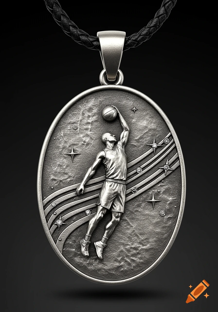 Oval antique silver pendant featuring a basketball player with motion lines and sparkling gemstones, on a black braided cord.