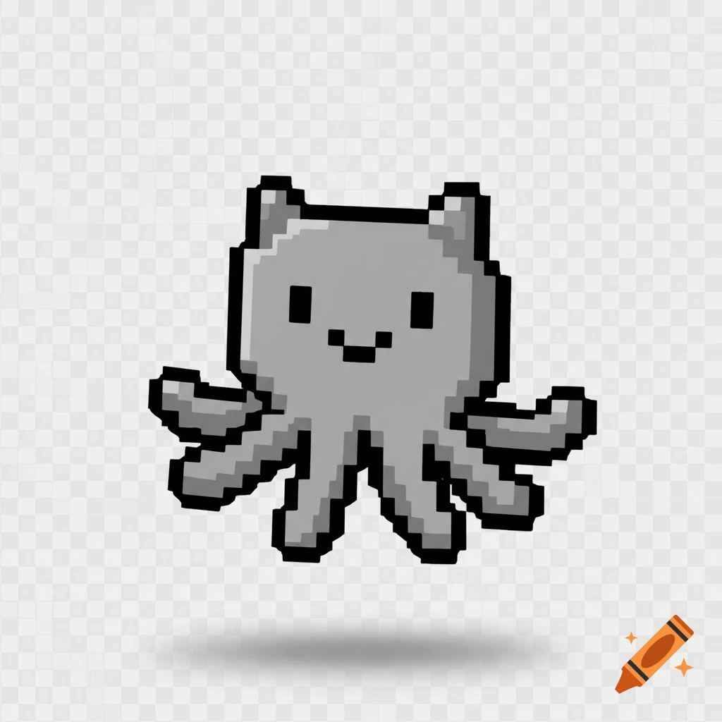 A pixelated gray octocat with cat ears, tentacles, and a smiling face, floating with a shadow below.
